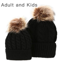 Load image into Gallery viewer, Matching PomPom Hat for kids and adults fashion black